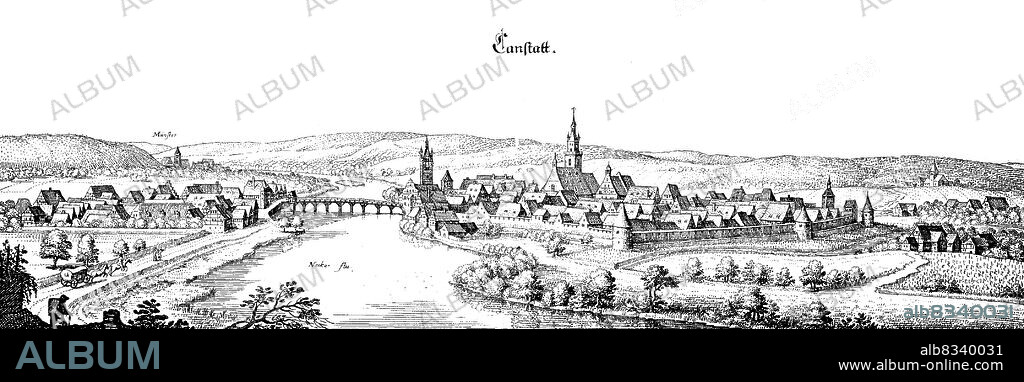 Canstatt, Bad Cannstatt im Mittelalter, Stuttgart, Baden-Wºrttemberg, Deutschland / Canstatt, Bad Cannstatt in the Middle Ages, Stuttgart, Baden-Wºrttemberg, Germany, historical, digital improved reproduction of an original from the 18th century / digital restaurierte Reproduktion einer Originalvorlage aus dem 18. Jahrhundert, genaues Originaldatum nicht bekannt.