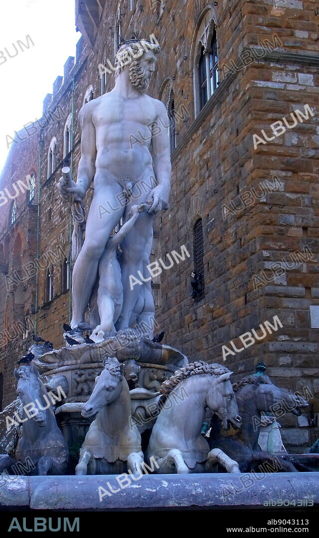 The Fountain of Neptune in the Piazza della Signoria (a square in front of the Palazzo Vecchio) Florence, Italy. It was commissioned in 1565 and is by the sculptor Bartolomeo Ammannati, the design however was done by Baccio Bandinelli before he died. The sculpture is made from Apuan Marble, and is meant to represent the Florentine dominion over the sea. It was commissioned for a wedding, and the face of Neptune resembles that of Cosimo I de'Medici, Duke of Florence/Grand Duke of Tuscany, and father of the groom.