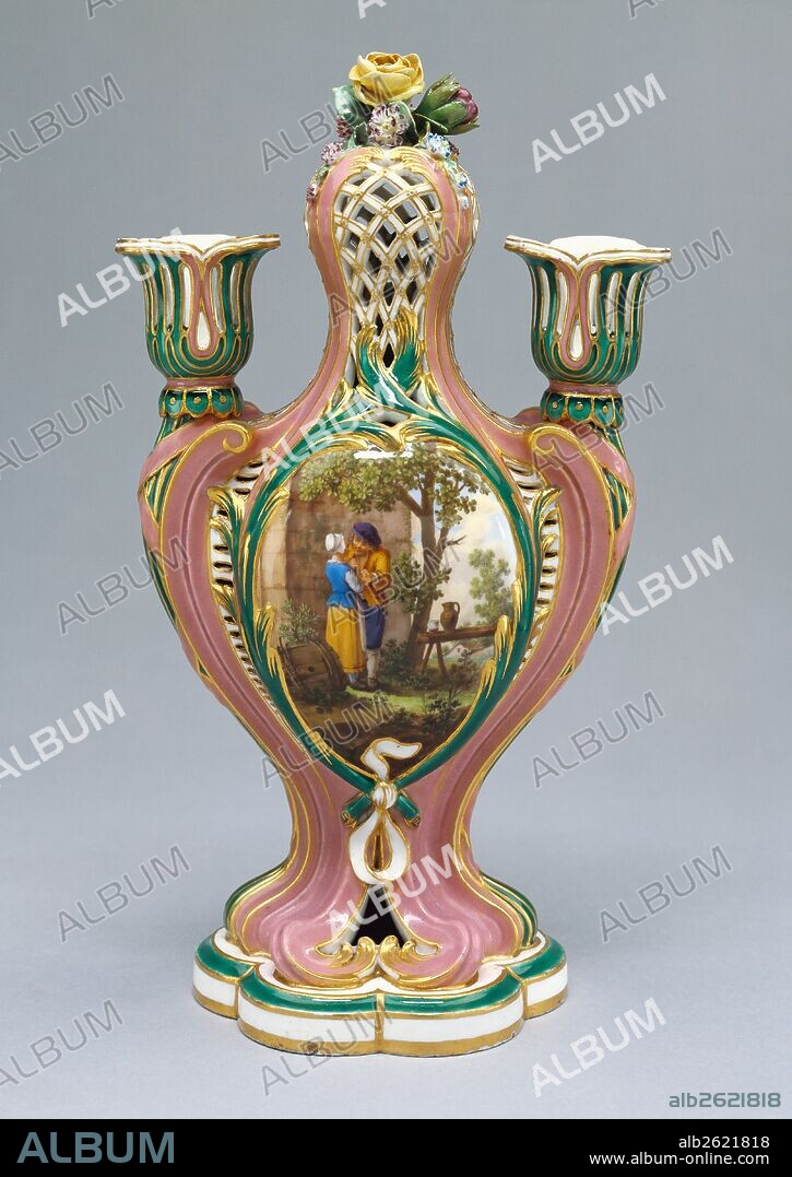 Vase; Painted by Charles-Nicolas Dodin, French, 1734 - 1803, active at Sèvres, France from 1754; Sèvres, France, Europe; 1759; Soft paste porcelain, pink and green ground colors, colored enamel decoration and gilding; Object: H: 24.9 x W: 14.4 x D: 9.4 cm (H: 9 13/16 x W: 5 11/16 x D: 3 11/16 in.).