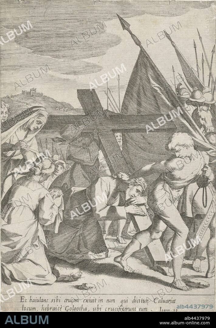 Carrying the Cross Passion of Christ (series title) Passionis et resurrectionis (series title), Christ falls to Calvary while carrying his cross. Simon van Cyrene helps him. In the left foreground, Veronica offers a cloth to wipe his sweat away. In the margin a two-line caption in Latin. Print from a series of fifteen with the passion of Christ., Christ collapsing, carrying of the cross, Christ meets Veronica, who has a cloth to wipe Christ's face, Pieter de Jode (I), Italy, 1590 - 1632, paper, etching, h 178 mm × w 124 mm.