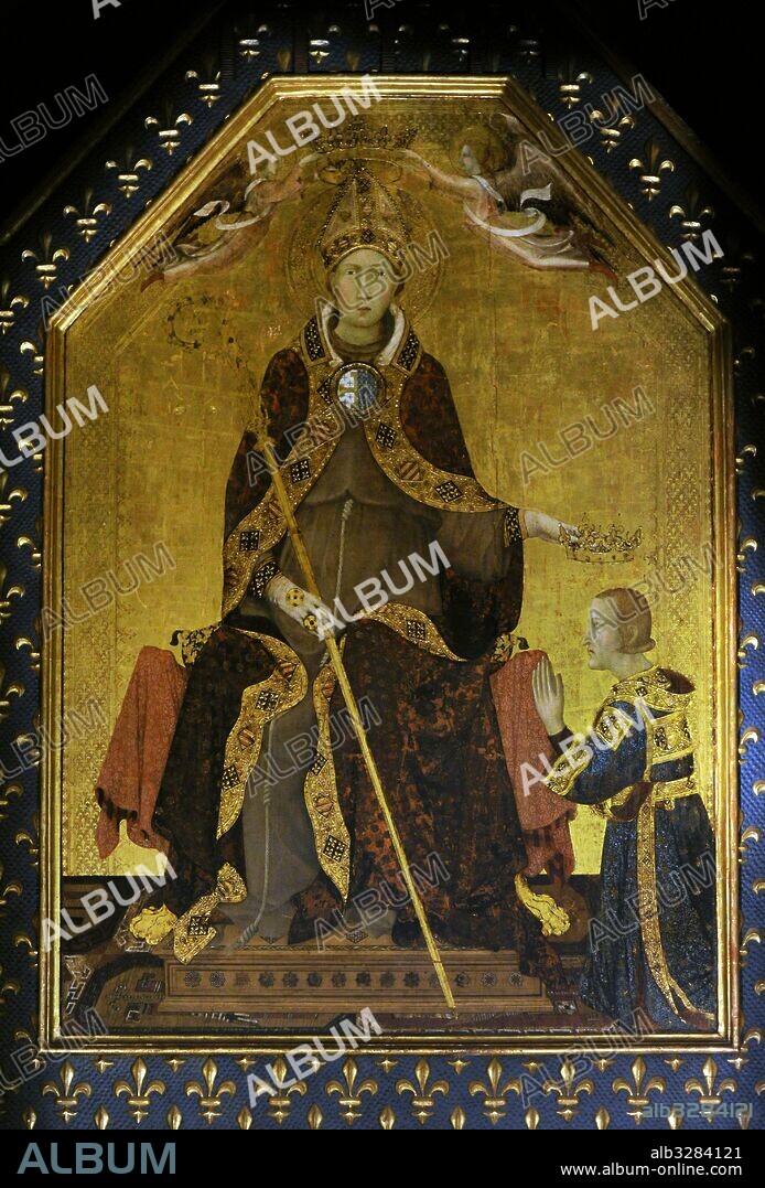Simone Martini (h.1284-1344). Pintor italiano de la escuela sienesa. San Luís de Tolosa coronando a Roberto de Anjou, rey de Nápoles, 1317. Detalle. Museo de Capodimonte. Nápoles. Italia.