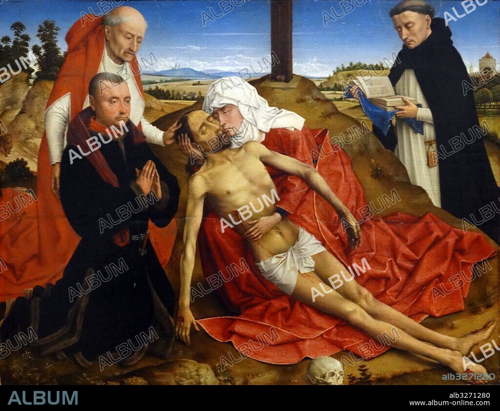 Painting titled 'Pieta' by the Workshop of Rogier van der Weyden (1400-1464) an Early Netherlandish painter. Dated 15th Century.