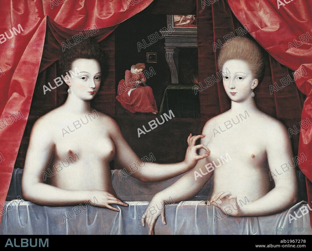 Alleged portrait of Gabrielle d'Estrees and her sister the Duchess of Villars, 1594, by an unknown artist from the Fontainebleau school, oil on panel, 96x125 cm.