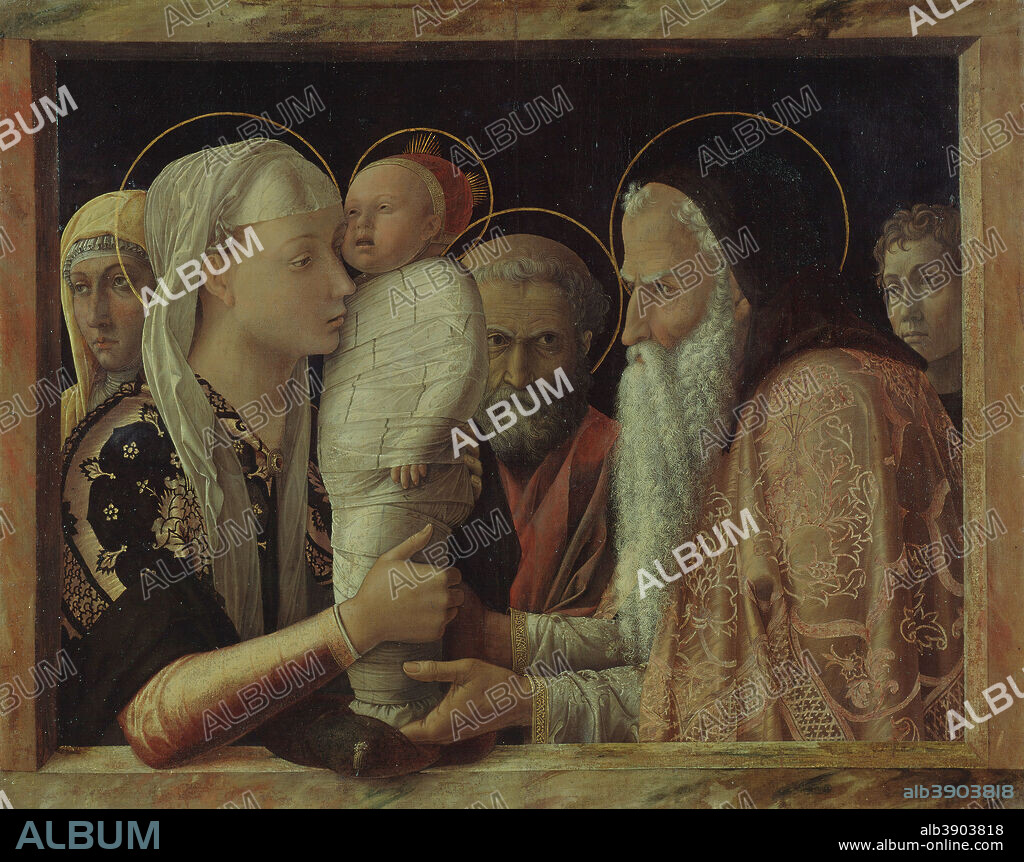 ANDREA MANTEGNA. The Presentation. Date/Period: Ca. 1465. Painting. Oil on poplar wood. Height: 69 cm (27.1 in); Width: 86.3 cm (33.9 in).