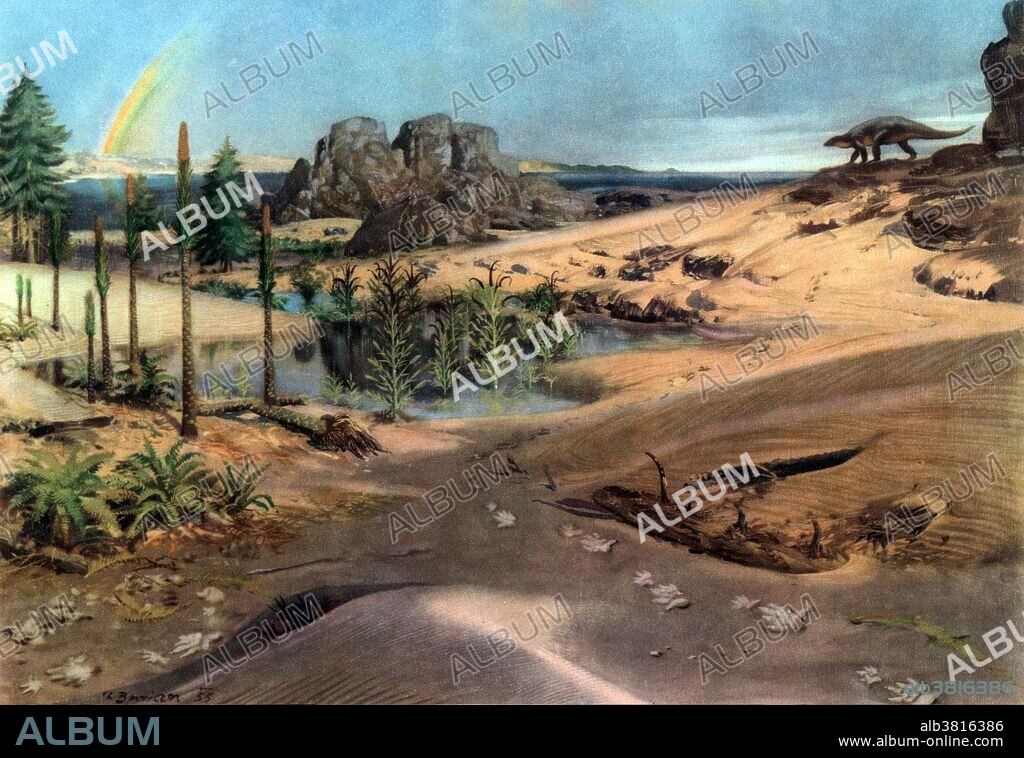 Chirotherium, also known as Cheirotherium (hand-beast), is the name of a Triassic archosaur known only from fossil imprints of its tracks (trace fossils). Its tracks were first found in 1834 in red sandstone in Thuringia, Germany, dating from about 243 million years ago. This creature was probably a pseudosuchian archosaur related to the ancestors of the crocodiles. It likely belonged to a group of pseudosuchians called the rauisuchians, which were large carnivores with erect gaits. The Triassic is the oldest period of the Mesozoic Era. It encompasses a time frame between about 252 and 201 million years ago that was named for the threefold division of rocks at its type locality in central Germany, where continental redbeds and evaporites are separated by a marine limestone. Characterized by the diversification of land life, the rise of dinosaurs, and the appearance of the earliest mammals. The Early Triassic is the first of three epochs of the Triassic period of the geologic timescale. It spans the time between 252 and 247 million years ago. Rocks from this epoch are collectively known as the Lower Triassic, which is a unit in chronostratigraphy.
