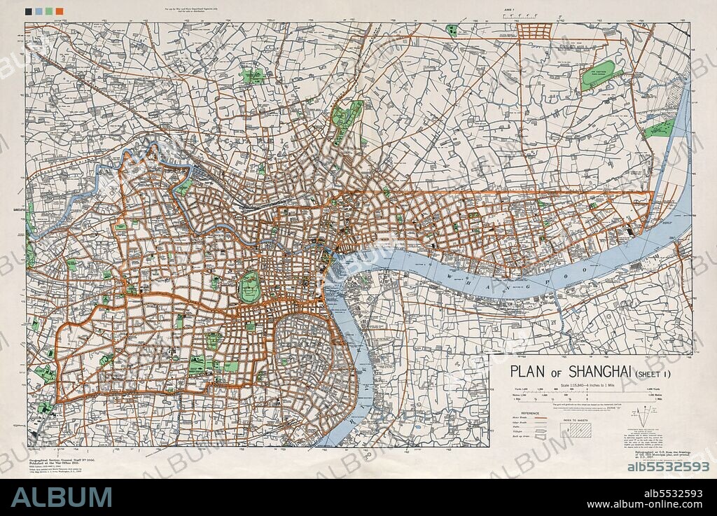 Shanghai in the 1930s, with the Shanghai International Settlement and Shanghai French Concession. Map of central Shanghai. Printed by the British War Office / US Army Map Service.