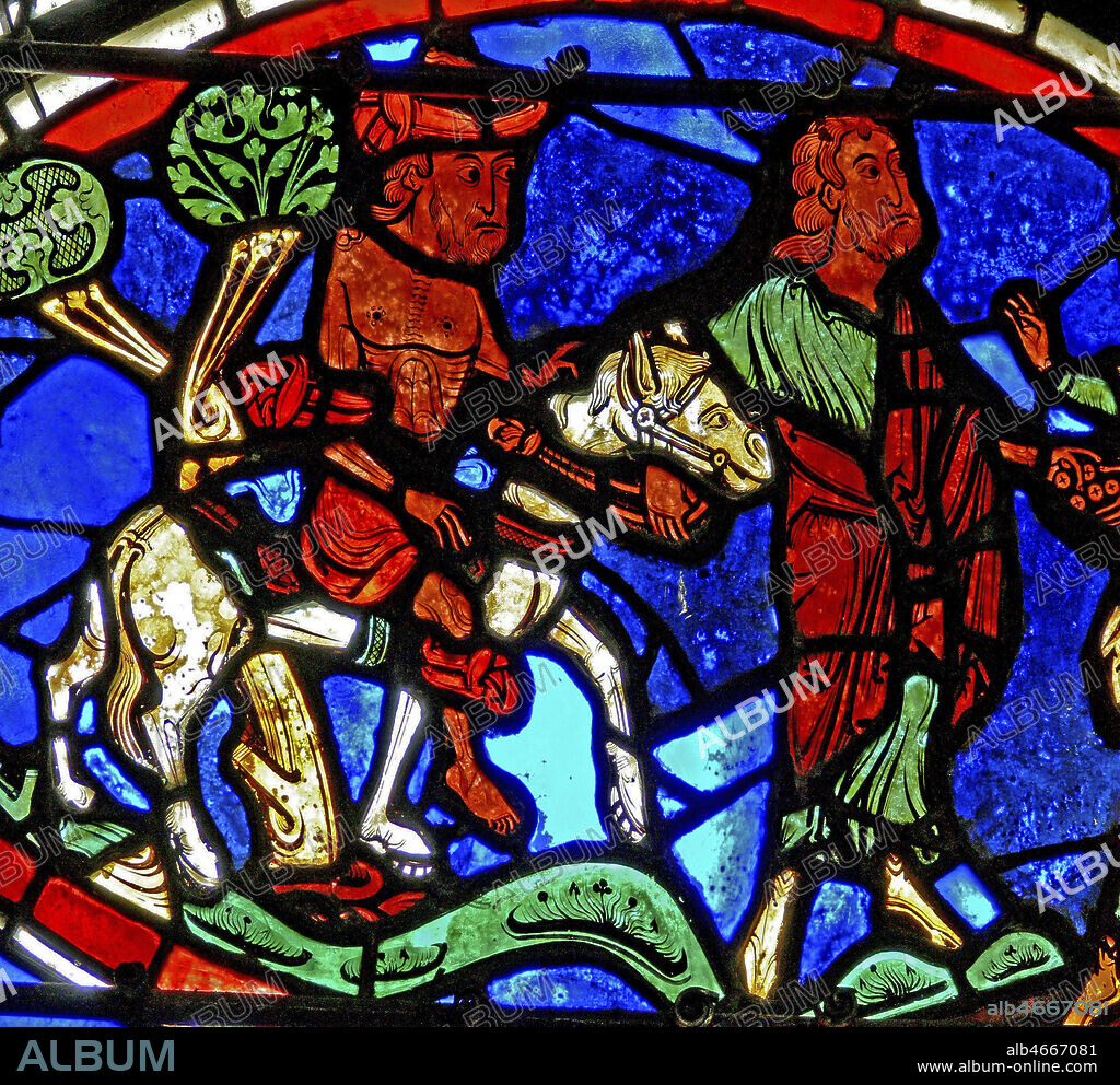 Apres avoir ete depouille par des voleurs, le Bon Samaritain est conduit a une auberge sur un cheval. Vitrail de la cathedrale de Bourges, 13e, XIIIe s. Photographie par Painton Cowen. Credit : Collection COWEN/KHARBINE-TAPABOR.