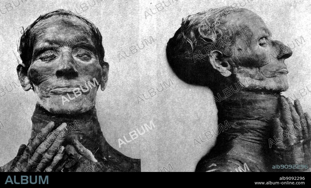 The mummy of Yuya, Queen Tiye's father. Tiye was not a princess of her blood: her father Yuya and her mother Thuya were high ecclesiastical dignitaries in Amun's service, and also held provincial administrative appointments, probably in their own native districts. Yuya was also "Prophet of Min" and "In charge of the Oxen of Min" at Akhmim. From Tutankhamen by Christiane Desroches Noblecourt, page 116.