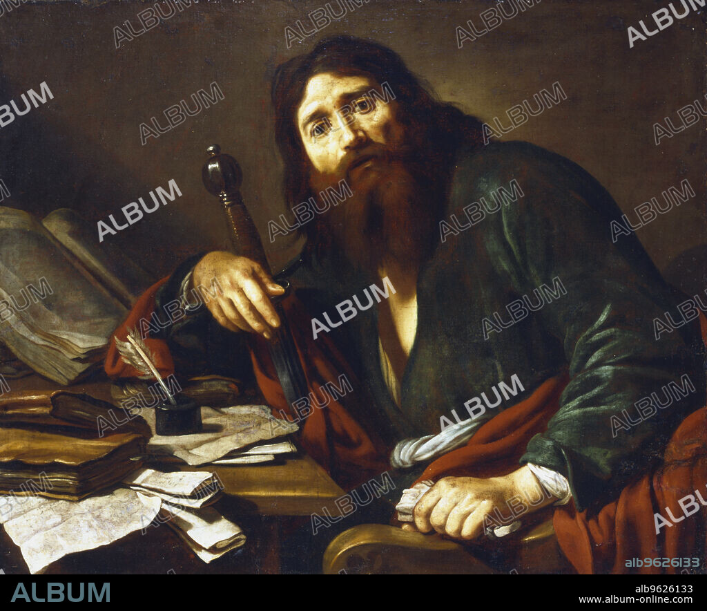 CLAUDE VIGNON. 'Saint Paul the Apostle', 17th century. Saul of Tarsus (1st century) who took the name Paul after seeing a vision of Christ on the road to Damascus. A leading figure in the early Christian church, St Paul is shown seated at a table, resting his arm on a sword. In front of him are writing materials representing his letters to various Christians such as the Corinthians and Ephesians. Through his epistles Paul proved that the pen was mightier than the sword.