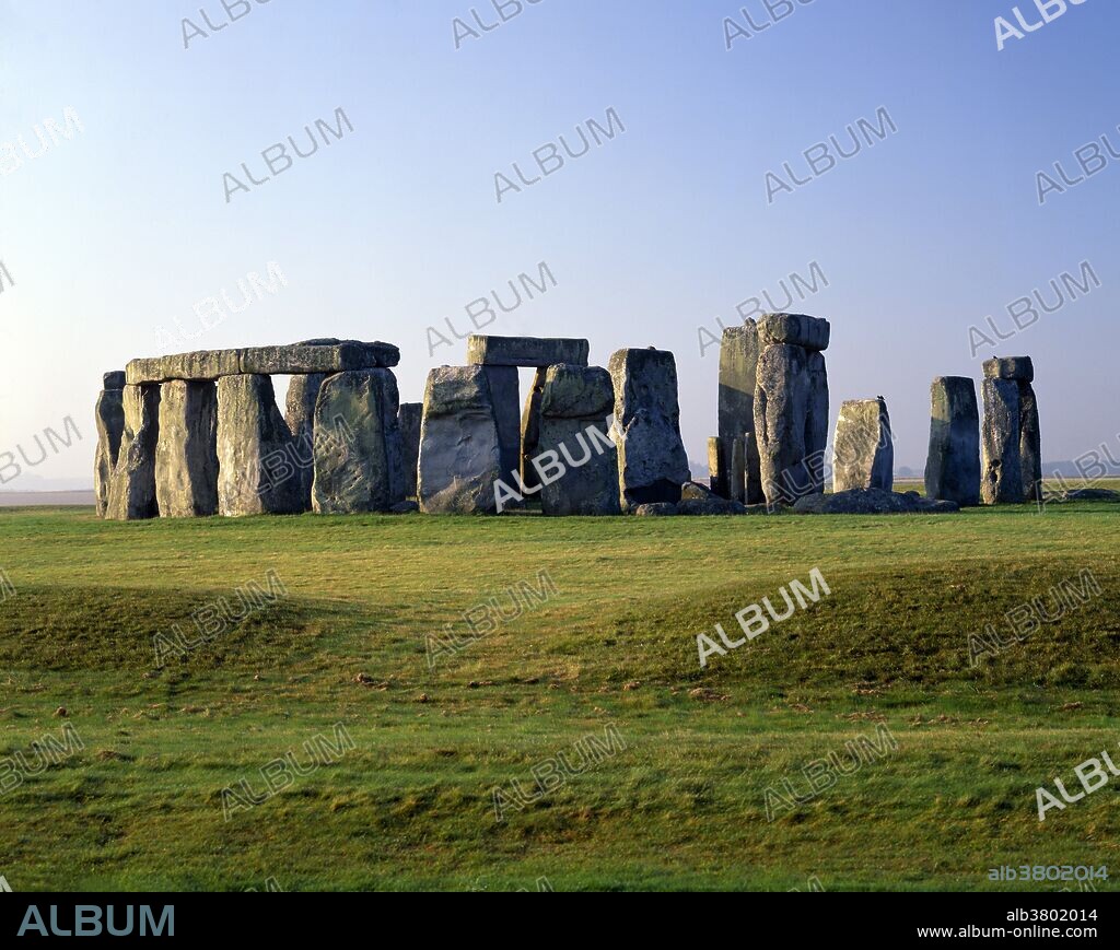 Stonehenge, Salisbury Plain, Wiltshire, England. A group of standing stones on Salisbury Plain in southern England. Constructed c. 2000-1800 B.C., the megaliths are enclosed by a circular ditch and embankment that may date to c. 2800. The arrangement of the stones suggests that Stonehenge was used as a religious center and also as an astronomical observatory.