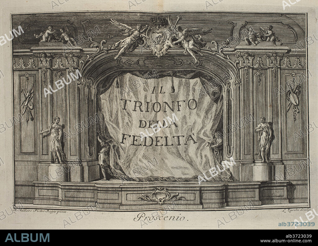 MARIA ANTONIA WALPURGIS (AUTHOR), LORENZO ZUCCHI (ARTIST) AFTER MüLLER & ROOS. Il Trionfo della Fedeltá. Dramma Pastorale Per Musica Di E.T.P.A. Dated: 1754. Dimensions: book: 23.2 x 19.6 x 1 cm (9 1/8 x 7 11/16 x 3/8 in.). Medium: bound volume with 1 engraved double-title page, 1 engraved portrait, 1 engraved head-piece and tail-piece, and 7 etched and engraved double-page illustrations on laid paper.