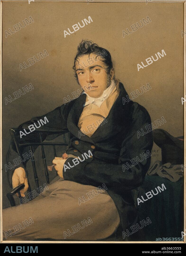 Allan Melville. Artist: John Rubens Smith (American, London 1775-1849 New York). Dimensions: 8 7/8 x 6 3/4 in. (22.5 x 17.1 cm). Date: 1810.
In his novel "Pierre, or The Ambiguities" (1852), Herman Melville fictionalized this portrait of his father, describing the subject as the father of Pierre, the hero of the tale. The portrait so fascinated the younger Melville that an entire chapter, and much of the novel's theme, turns upon the mystery of the sitter's character, concealed by his youth, informality, and apparent candor. The portraitist Smith never exceeded his mastery here of exacting technique in the service of expression. The artist's métier in such cabinet-sized watercolor portraits stems from miniature painting and the related art of "stained drawings" developed in England in the late eighteenth century. Smith undoubtedly also derived his technique from his father, John Raphael Smith, who specialized in stipple engravings of portraits and genre scenes in his native London.