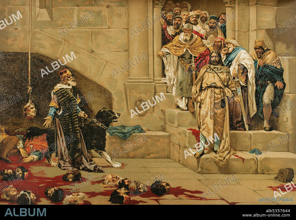 Ramiro II de Aragón, el Monje (1086-1157). Rey de Aragón entre 1134 y 1157. Escena de la leyenda de la Campana de Huesca, o Leyenda de Rey Monje. Decapitación de los doce nobles que se opusieron a su voluntad. Ilustración a partir del cuadro de Casado del Alisal. Cromolitografía. Historia General de España, por Miguel Morayta. Tomo II. Madrid, 1889.