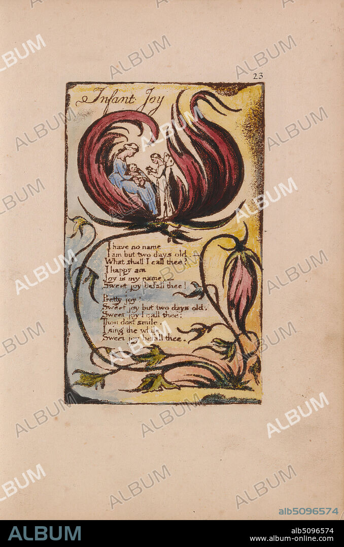 Songs of Innocence and of Experience, Plate 23, 'Infant Joy' (Bentley 25), Print made by William Blake, 17571827, British, 1789 to 1794, Relief etching printed in dark-brown with pen and black ink and watercolor on moderately thick, slightly textured, cream wove paper, Sheet: 7 1/8 x 5 inches (18.1 x 12.7 cm), Plate: 4 3/8 x 2 3/4 inches (11.1 x 7 cm), and Spine: 7 3/8 inches (18.7 cm), angel, baby, children, flowers (plants), infant, leaf, literary theme, mother, religious and mythological subject, stem, text, vines, wings, woman.