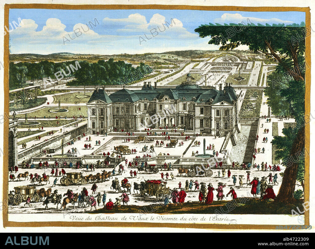 'Vue du chateau de Vaux-le-Vicomte du cote de l'entree' ; en 1641, Nicolas Fouquet (1615-1680) achete le chateau de Vaux-le-Vicomte. Ce jeune parlementaire choisira trois hommes pour faire de ce chateau et de son jardin un des plus beaux de France : l'architecte Louis Le Vau (1612-1670), le peintre-decorateur Charles Le Brun (1619-1690) et le jardinier-paysagiste Andre Le Notre (1613-1700) ; in 'Vues des belles maisons de France', estampe de Gabriel Perelle (1604-1677), 1680, Paris, N. Langlois (gravure du temps).. Estampe de la fin du 17eme siecle.. Credit : Coll. BHVP-Grob/Kharbine-Tapabor.