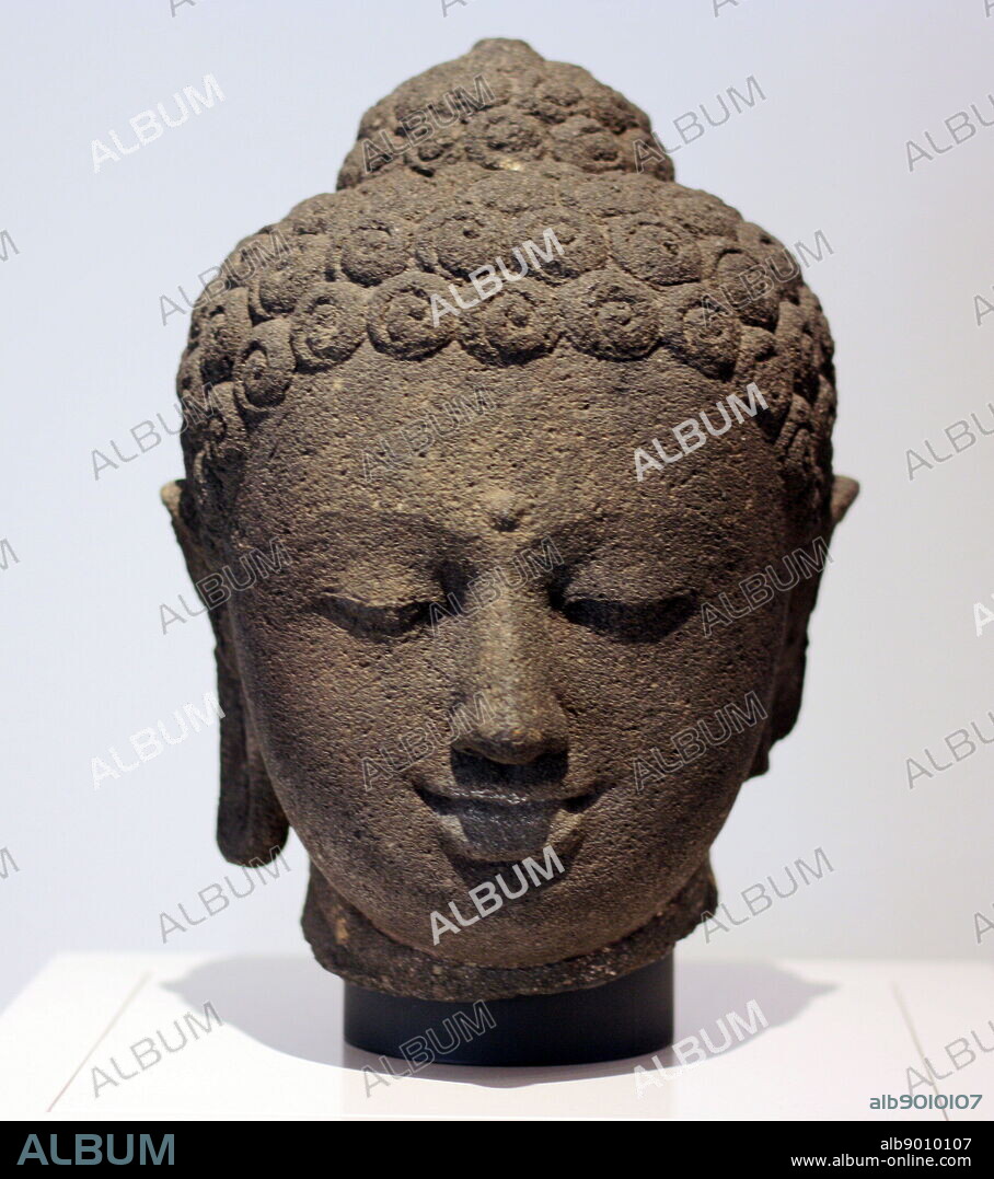 Head of a Buddha. Indonesia, Central Java, c 800-850. Volcanic stone (andesite) This head probably comes from one of the 504 Buddha statues placed on and around the great Buddhist monument of Borobudur. All these figures represent the Buddha seated, with his eyes cast down. The raised spot between the eyebrows, the urna, and the protuberance on the head, the ushnisha, signify the Buddha's holiness.