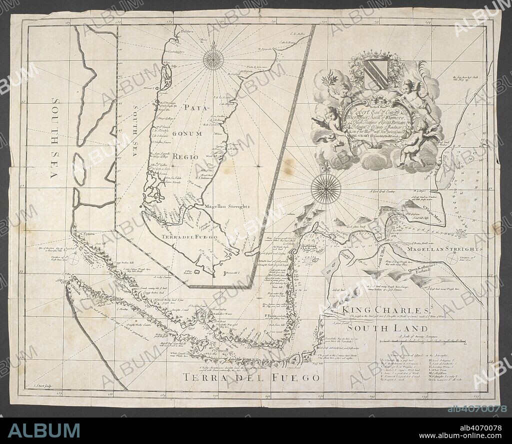 A printed chart of the Strait of Magellan with an inset of Patagonia and Terra del Fuego . To the R. Hon.ble Robert Earl of Oxford & Mortimer Baron of Wigmore, Ld High Treasurer of Great Britain Ld Lieutenant of ye County of Radnor & one of her Maj:ties most Hon.ble Privy Council this chart is humbly dedicated. 1711. Source: Add. 88980 E. Language: English.