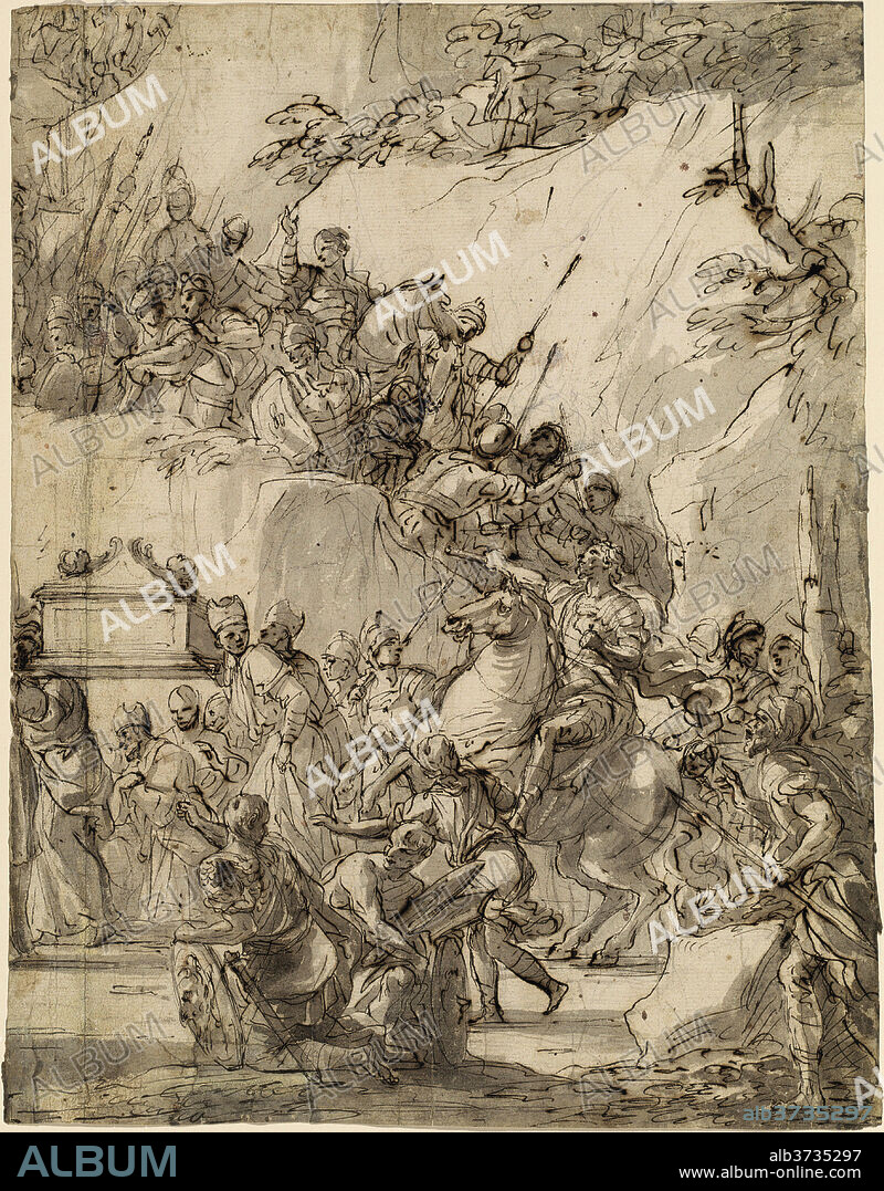 NICOLA MALINCONICO. The Transport of the Ark of the Covenant. Dated: c. 1690. Dimensions: sheet: 40.8 x 32.1 cm (16 1/16 x 12 5/8 in.), with both corners at bottom and small pieces along bottom and right margins replaced. Medium: pen and brown ink with gray wash over graphite on cream laid paper.