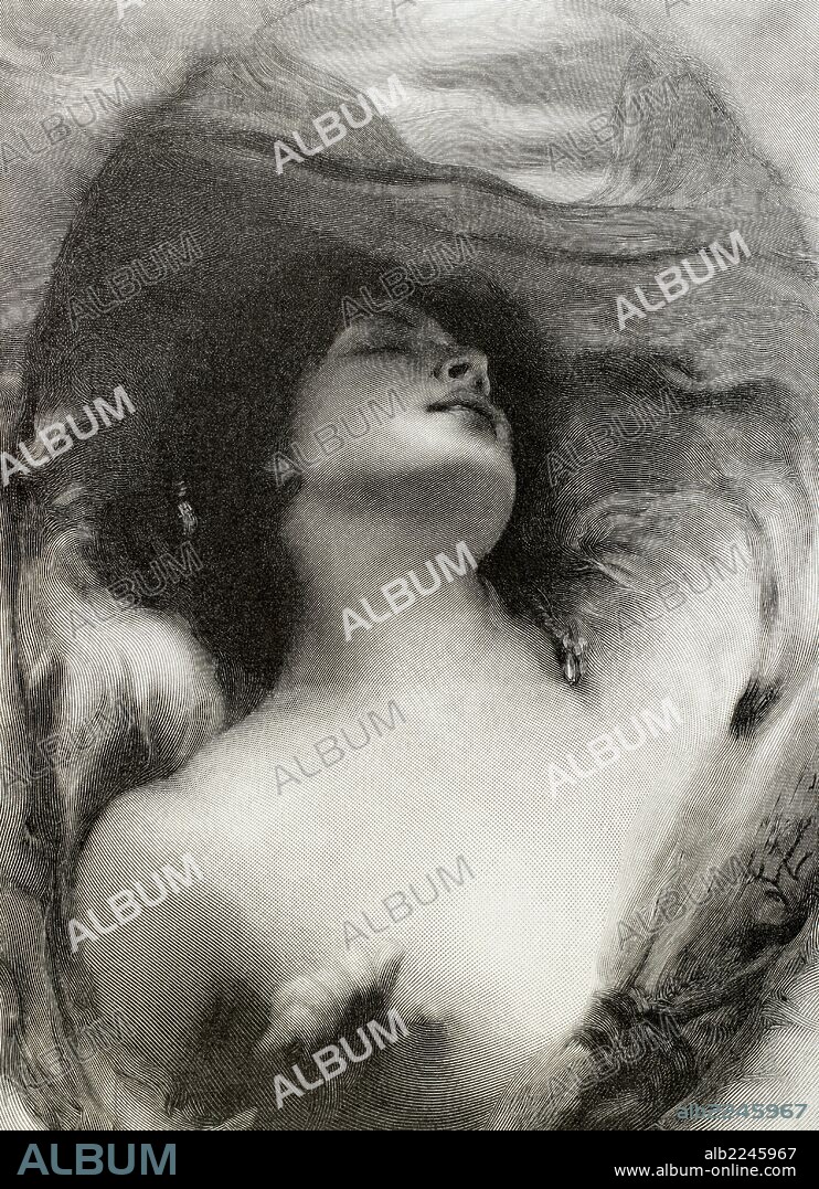 MITOLOGIA GRIEGA. LEDA. Hija de Testio y esposa del rey Tindáreo de Esparta. Mujer seducida por Zeus (transformado en cisne). Grabado a partir de una pintura de F. Zmurko.