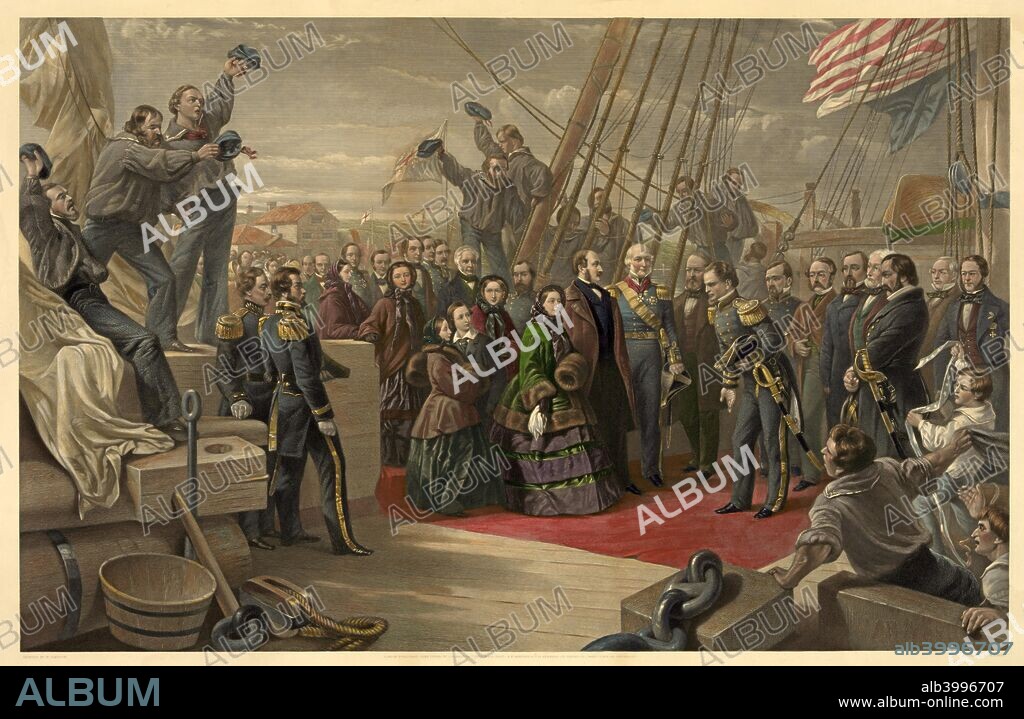Queen Victoria visiting HMS Resolute, 16th December, 1856, published 1859 (colour lithograph). HMS Resolute was sent to the Arctic to search for Franklin and later abandoned when it became trapped in ice. Queen Victoria (1819 - 1901) is shown visiting the ship after it had been rescued. Timbers from the ship were used to make desks known as Resolute desks.