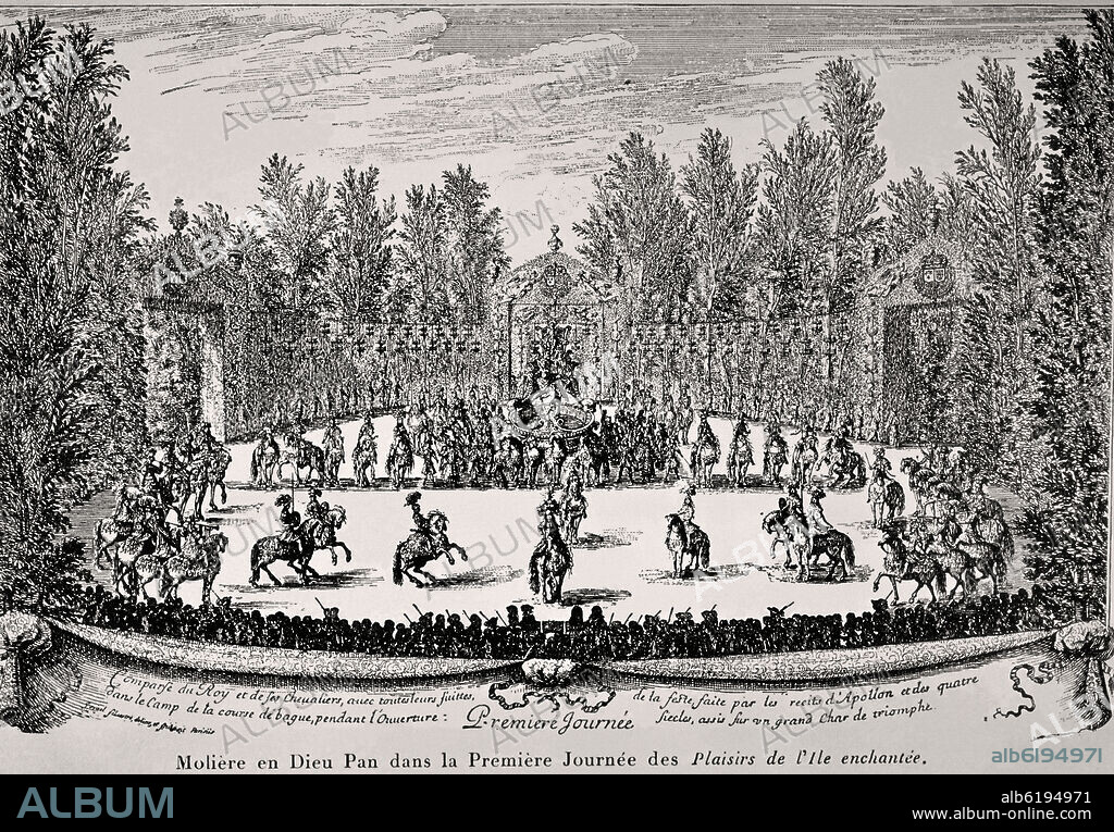 JEAN BAPTISTE POQUELIN MOLIERE (1622-1673). Scene of The Pleasures of the Enchanted Isle, play written by Molière (Jean-Baptiste Poquelin) (1622-1673), French theater author and actor.. 1664. Engraving. Barcelona, library of Catalonia.