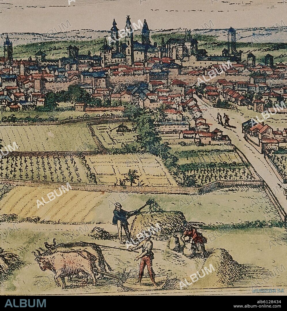 GEORG BRAUN 1541-1622 / FRANS HOGENBERG. CIVITATES ORBIS TERRARUM - VALLADOLID - DETALLE DE UNOS AGRICULTORES TRILLANDO - GRABADO - SIGLO XVI - (CONJ 3061).