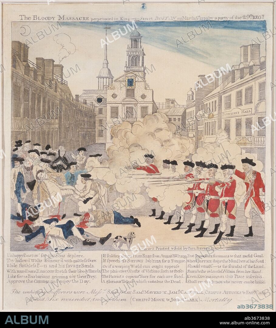 The Boston Massacre. Artist: Paul Revere Jr. (American, Boston, Massachusetts 1734-1818 Boston, Massachusetts). Dimensions: image: 10 1/4 x 9 1/8 in. (26 x 23.2 cm)
sheet: 11 x 9 9/16 in. (27.9 x 24.3 cm). Date: 1770.