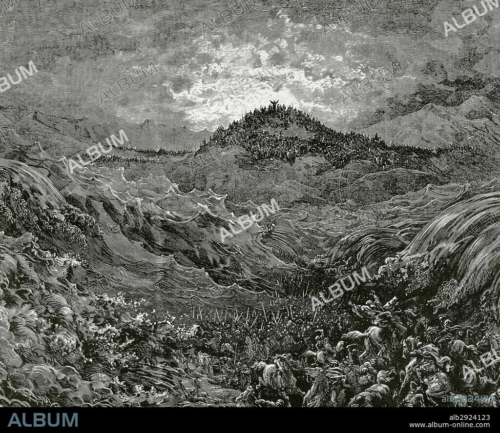 ANTIGUO TESTAMENTO o "EXODO". "EL EJERCITO DEL FARAON SE AHOGA EN EL MAR ROJO". Exodo, Capítulo 14, versículos 27 al 31. Dibujo por Gustave DORE. Grabado.