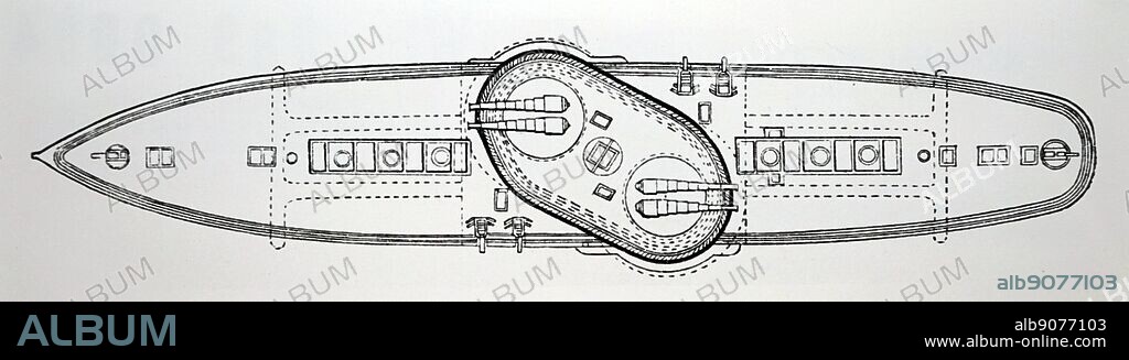 Illustration depicting the deck plan of the Italian warship 'Italia' which had a curved iron deck and elevated armoured gun towers. Dated 19th Century.