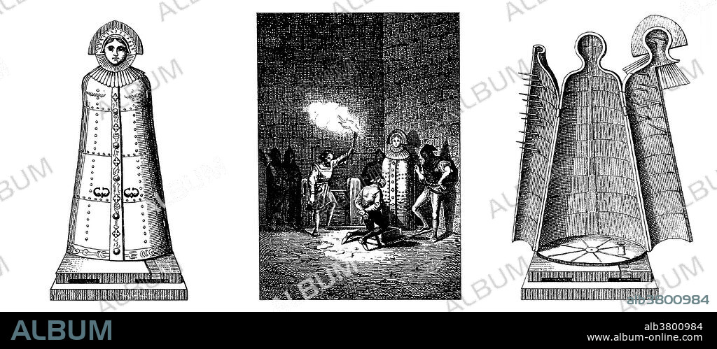 Left, an iron maiden with its doors secured; middle, a blindfolded prisoner is forced to kneel down before the iron maiden in a dungeon; right, an iron maiden with its doors open. The iron maiden (AKA, jungfernkuss, eiserne jungfrau, the virgin, kiss of the virgin) is a fictional iron cabinet torture device with a hinged front and spike-covered interior to enclose a human being. Wolfgang Schild, a professor of criminal law and criminal law history at the University of Bielefeld, has argued that putative iron maidens were pieced together from artifacts found in museums to create spectacular objects intended for exhibition. It is unlikely that any of these iron maidens were ever employed as instruments of torture. The 17th century iron maidens may have been constructed as probable misinterpretation of a medieval Schandmantel (coat of shame or barrel of shame), which was made of wood and metal but without spikes. Inspiration for the iron maiden may also have come from the Carthaginian execution of Marcus Atilius Regulus, who "packed him into a tight wooden box, spiked with sharp nails on all sides so that he could not lean in any direction without being pierced". The most famous iron maiden that popularized the design was that of Nuremberg, first displayed as far back as 1802. The original was lost in the Allied bombing of Nuremberg in 1944. Undated etching.