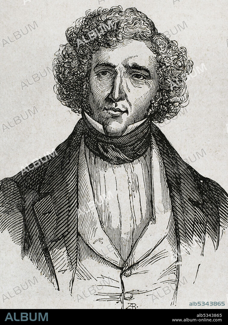 Juan Alvarez de Mendizábal (1790-1853). Político y financiero español que tuvo gran importancia en la Revolución liberal española. Fue nombrado ministro de Hacienda en julio de 1835 por el conde de Toreno, puesto desde el que impulsó la desamortización de los bienes eclesiásticos. Retrato. Grabado. Historia General de España por el Padre Mariana. Madrid, 1853.