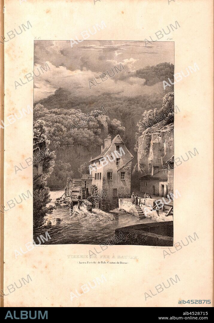 Iron Tirry at Baujan, View of a mill between Pierre Pertuis and Biel, signed: Villeneuve, G. Engelmann, lithograph, plate 16 (vol. 1, part 2), Villeneuve, M. (ft.); Engelmann, Godefroy (lith.), 1823, Hilaire Léon Sazerac, Godefroy Engelmann: Lettres sur la Suisse (...). Paris: [s.n.], 1823-1832.