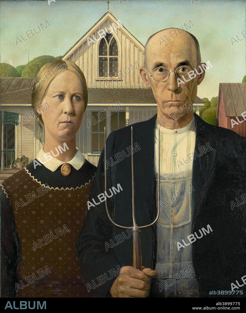 GRANT WOOD. American Gothic. Date/Period: 1930. Painting. Oil on Beaver Board Oil on Beaver Board. Height: 780 mm (30.70 in); Width: 653 mm (25.70 in).