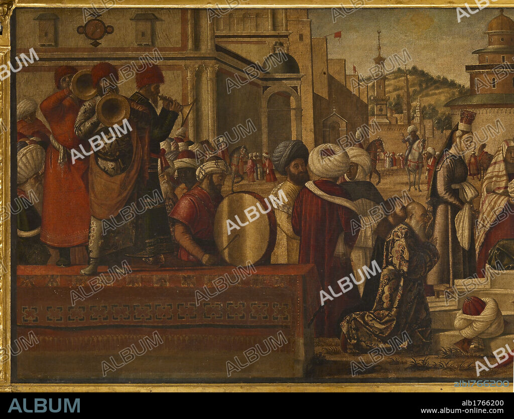 The Baptism of the Selenites, by Vittore Carpaccio, 1507, 16th Century, oil on canvas, cm 141 x 285. Italy, Veneto, Venice, Scuola di San Giorgio degli Schiavoni. Detail. Men Oriental style clothes musicians square wind instruments trumpets bass drum men kneeling building palace dome turret red, white ocher sepia, Photographic Campaign 2010.