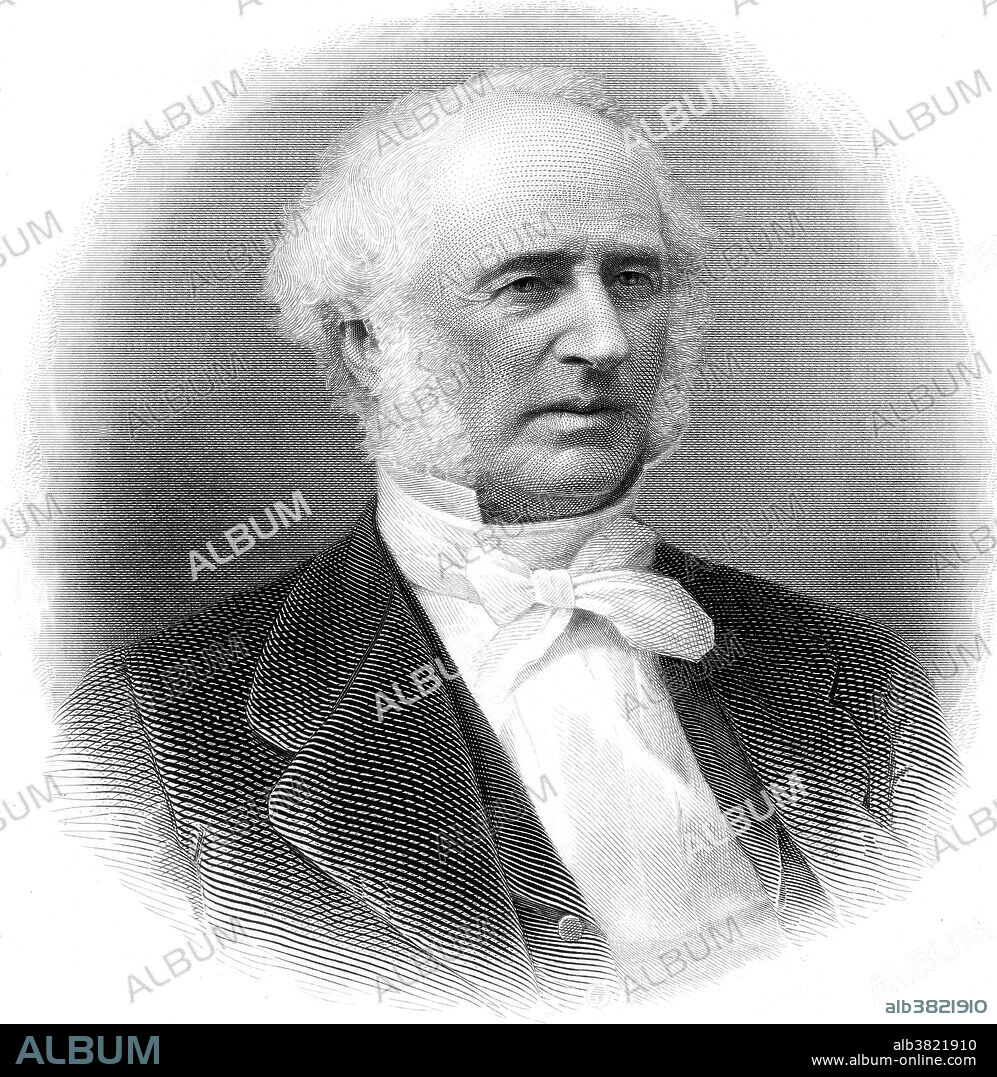Cornelius Vanderbilt (May 27, 1794 - January 4, 1877) was an American business magnate and philanthropist who built his wealth in railroads and shipping. He began his business by ferrying freight and passengers between Staten Island and Manhattan. When the California gold rush began in 1849, he switched from regional steamboat lines to ocean-going steamships. Vanderbilt took an interest in several railroads during the 1850s, serving on the boards of directors of the Erie Railway, the Central Railroad of New Jersey, the Hartford and New Haven, and the New York and Harlem. Once in charge of the Harlem, he encountered conflicts with connecting lines. In each case, the strife ended in a battle that Vanderbilt won. He died in 187 at the age of 82. The immediate cause of his death was exhaustion, brought on by long suffering from a complication of chronic disorders. At the time of his death his fortune was estimated at $100 million (estimated 2.1 billion today, 2015). No artist credited, undated.