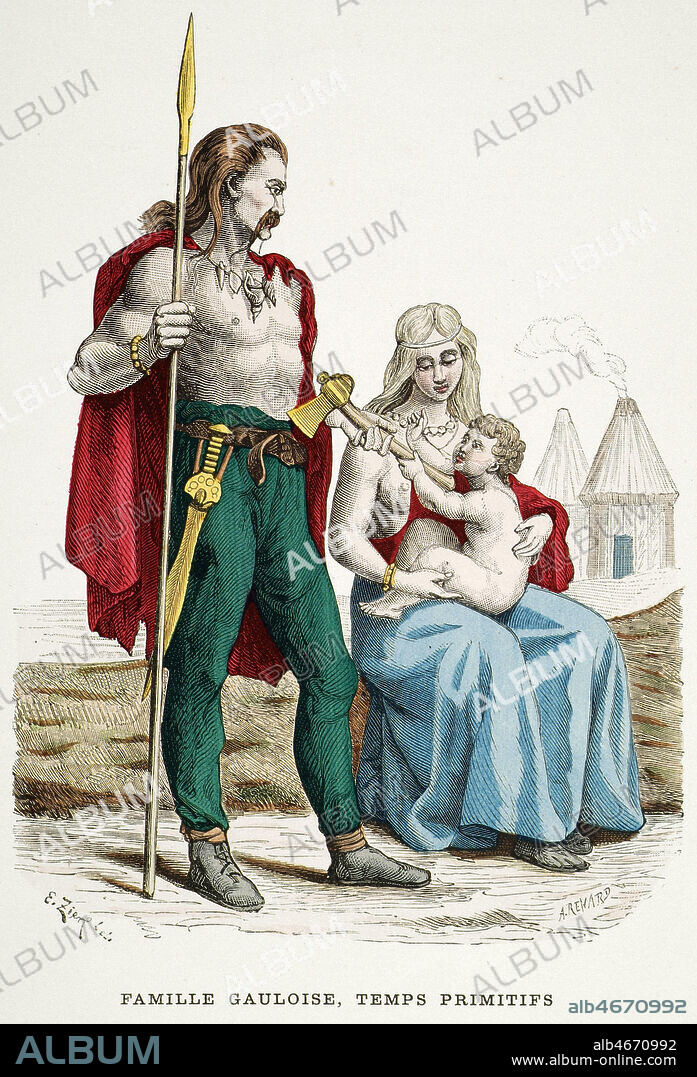 'Famille gauloise, temps primitifs'. Illustration de A. RENARD tiree de l'ouvrage Costumes de Paris a travers les siecles vers 1880. Credit : Collection KHARBINE-TAPABOR.
