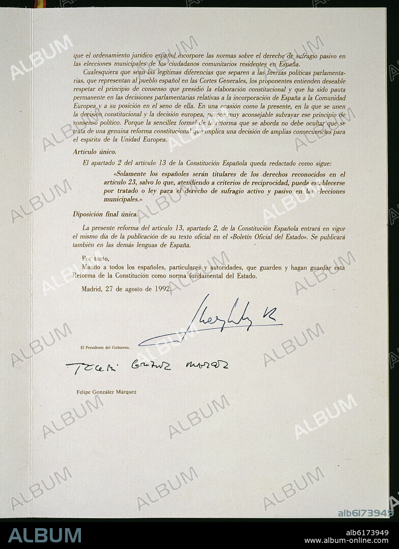 ULTIMA PAGINA DE LA CONSTITUCION ESPAÑOLA DE 1978 - REFORMA DEL ARTICULO 13, APARTADO 2, DE 27 AGOSTO DE 1992.