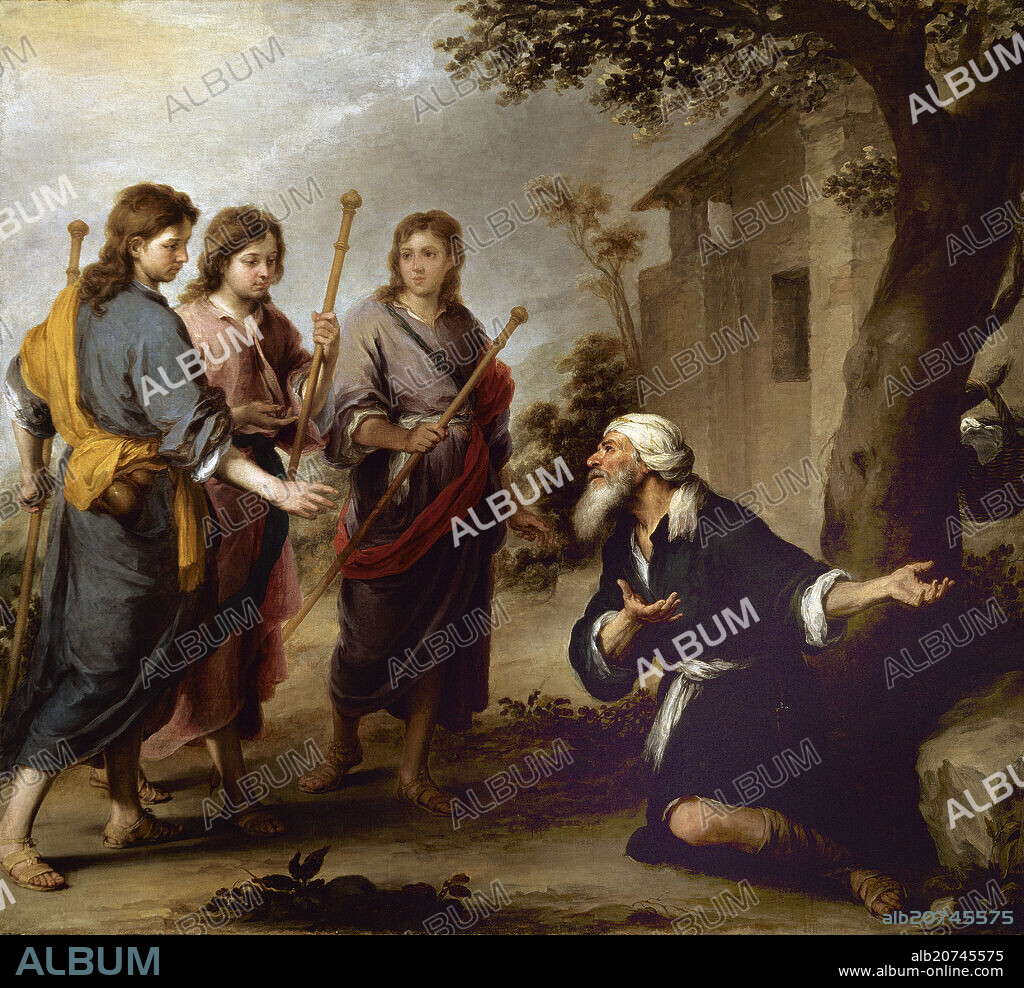 BARTOLOMÉ ESTEBAN MURILLO. ABRAHAM Y LOS TRES ANGELES - 1667/1670 - O/L 236x261 - PINTURA BARROCA ESPAÑOLA.