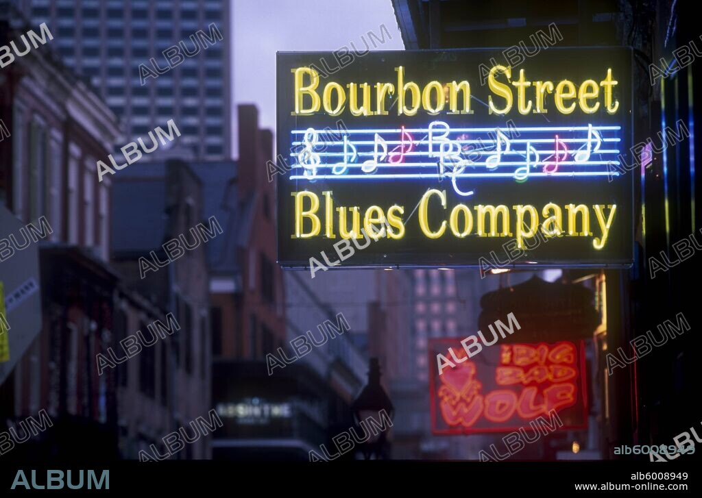 USA New Orleans Bourbon Street. Illuminated neon street signs.