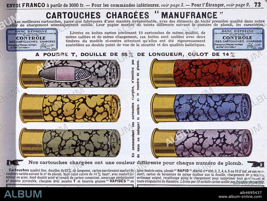 "Cartouches chargees Manufrance". Illustration tiree du catalogue "Manufacture - Saint Etienne" de 1952. Credits : Collection KHARBINE-TAPABOR.
