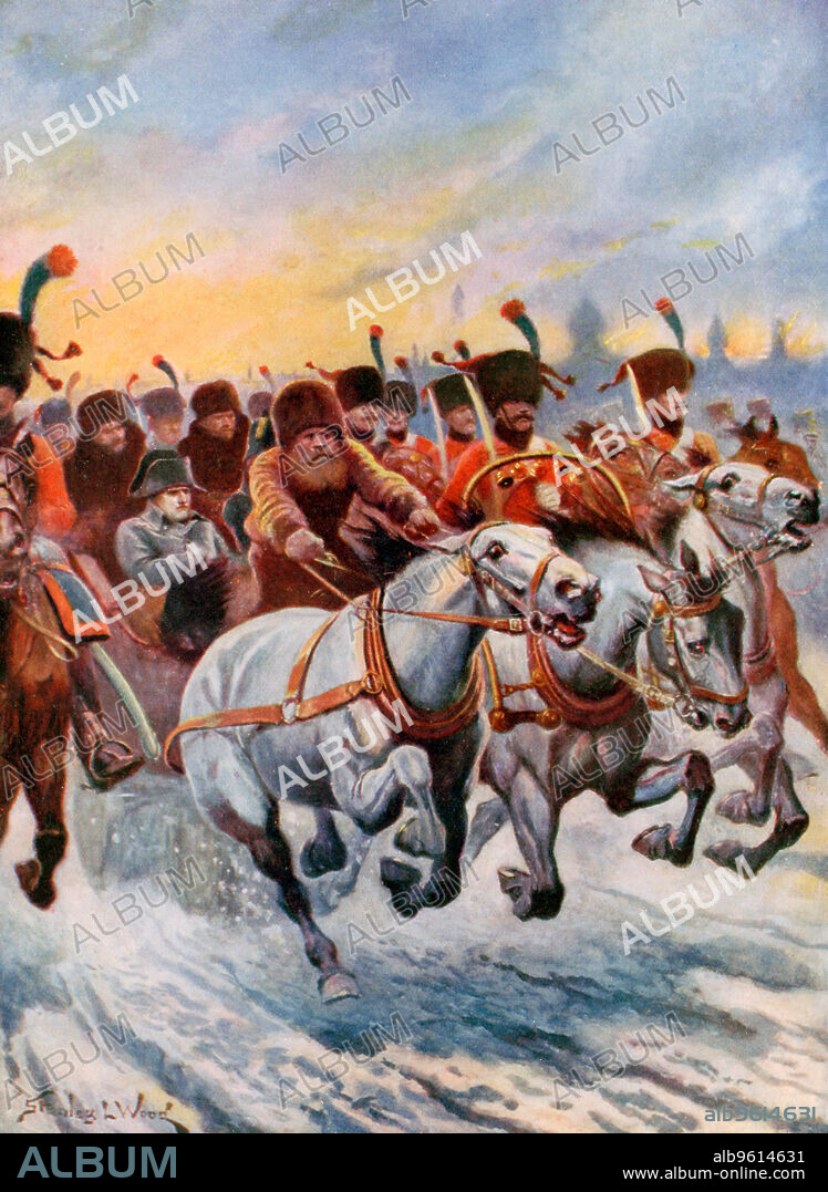 Napoleon retreating from Moscow, 1812. Napoleon riding at speed on a horse drawn sleigh, escorted by a squadron of cavalry. Of the 600,000 soldiers of his Grande Armee, only about 100,000 returned.