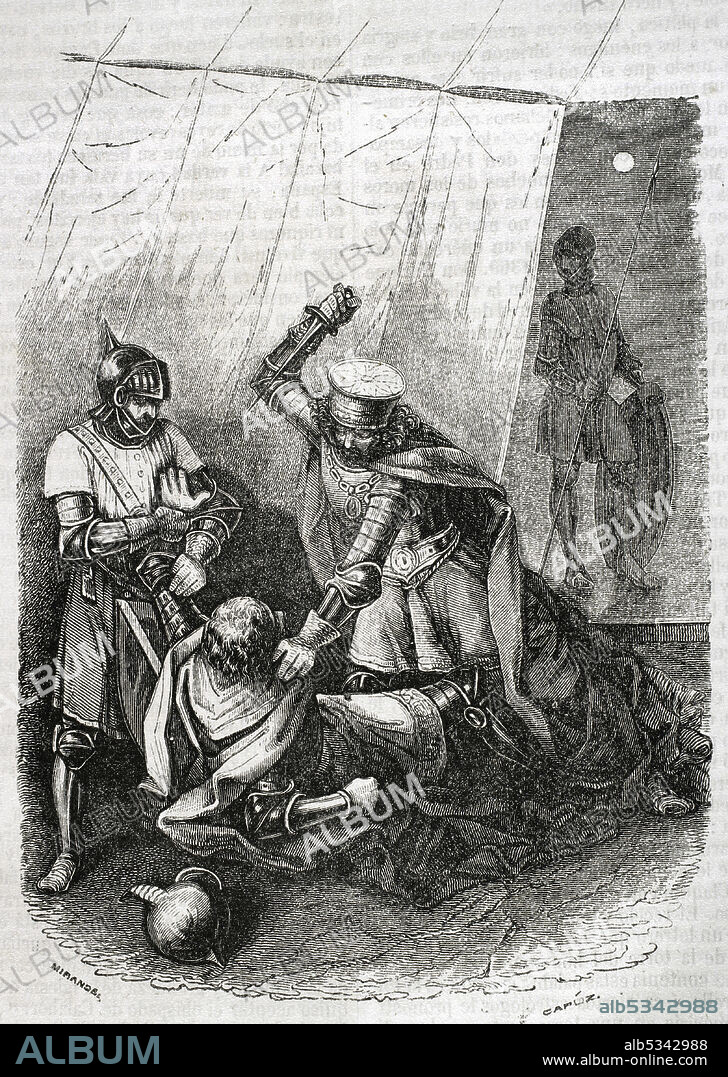 TOMAS CARLOS CAPUZ (1834-1899). SPANISH ENGRAVER AND XYLOGRAPH.. Pedro I de Castilla (1334-1369) llamado el Cruel o el Justo. Reinó entre 1350 y 1369. Momento en el cual Beltrán Duguesclín y el hermanastro del rey, Enrique de Trastámara, apuñalan al rey Pedro I. Grabado por Capuz. Historia General de España por el Padre Mariana. Madrid, 1852.