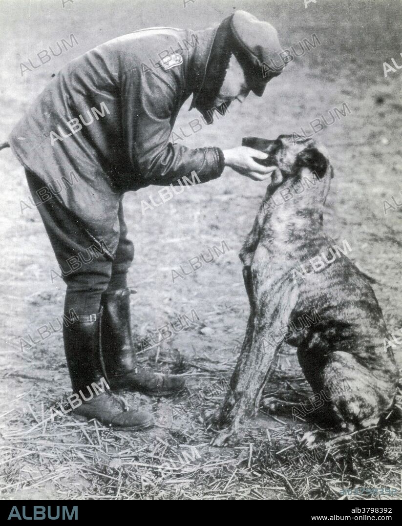 The Red Baron with his dog, Moritz. Manfred Albrecht Freiherr von Richthofen (May 2, 1892 - April 21, 1918) was a WWI German flying ace with the Imperial German Army Air Service (LuftstreitkrÃ¤fte). Originally a cavalryman, he transferred to the Air Service in 1915, becoming one of the first members of Jasta 2 in 1916. He quickly distinguished himself as a fighter pilot, and during 1917 became leader of Jasta 11 and then the larger unit Jagdgeschwader 1 (Flying Circus). By 1918, he was regarded as a national hero in Germany, and was very well known by the other side. He was a notable tactician and squadron leader and a fine marksman. Typically, he would dive from above to attack with the advantage of the sun behind him, with other Jasta pilots covering his rear and flanks. It was his Albatros D.III that was first painted bright red, in late January 1917, and in which he first earned his name and reputation. Richthofen was shot down and killed near Amiens on April 21, 1918. There has been considerable discussion and debate regarding aspects of his career, especially the circumstances of his death. He is considered the top ace of that war, being officially credited with 80 air combat victories. He remains perhaps the most widely known fighter pilot of all time, and has been the subject of many books, films and other media.
