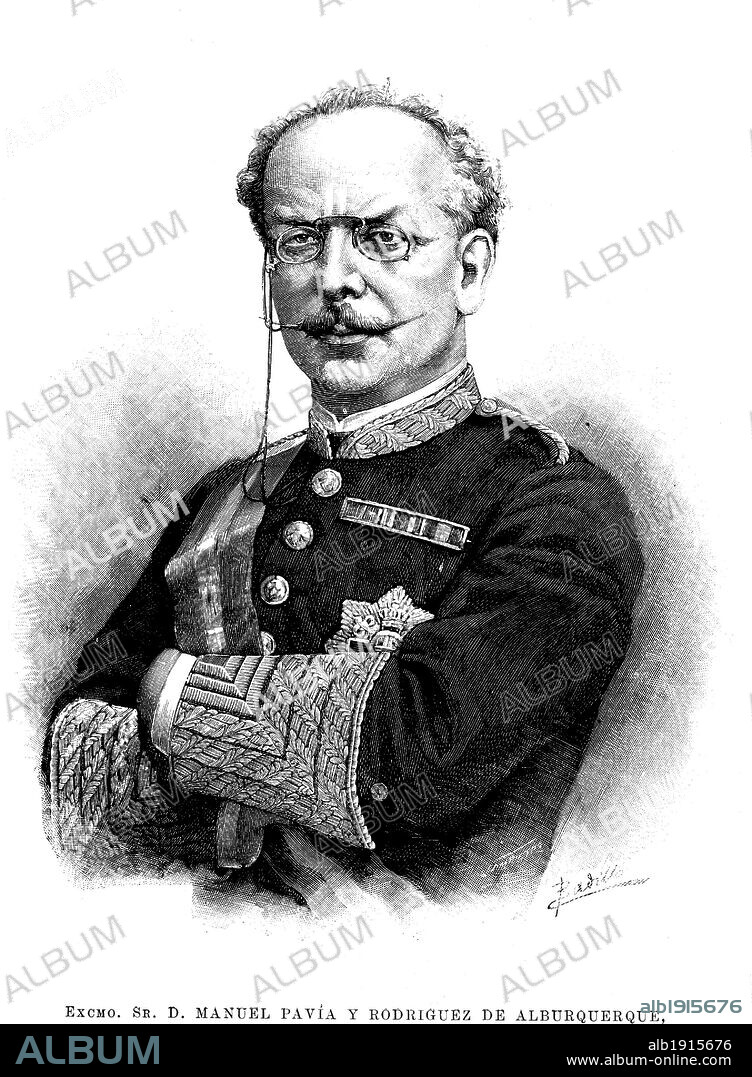Manuel Pavía y Rodríguez de Alburquerque (1827-1895). Capitán general del ejército español, famoso por su entrada montado a caballo en la asamblea en 1874, poniendo fin a la primera república. Grabado de 1895.