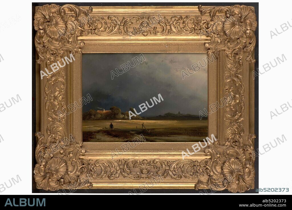 painting, Johannes Franciscus Hoppenbrouwers, 1851, Signature front, bottom right: J.F. Hoppenbrouwers, f.51, panel, oil paint, painted, Carrier: 20 × 27.8 × 0.5cm (200 × 278 × 5mm), With frame: 40 × 47.5 × 3.8cm ( 400 × 475 × 38mm), shepherd, sheep, pasture landscape, farm, Painting depicting a meadow landscape under a dark sky. In the foreground a bridge is depicted in the center with a shepherd with his sheep on the left and a ditch side on the right. More to the rear, sunlight from a dark gray sky falls on a house and cornfield in trees. Smoke comes from the chimney of the house. On the right a church tower is visible between high trees. Signed bottom right. The painting is in a gilded wooden frame, 1949.