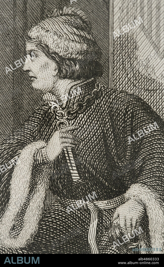 Carlos de Viana (1421-1461) infante de Aragón y de Navarra, príncipe de Viana y Gerona, Duque de Gandía y de Montblanc y rey titular de Navarra como Carlos IV. Retrato. Ilustración por Rigalt. Grabado por Roca. Historia de Cataluña y de la Corona de Aragón, por Victor Balaguer. Barcelona,1862.