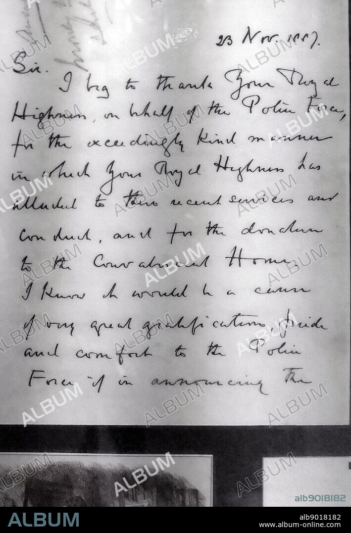 Letter addressed to the Duke of Cambridge by Sir Charles Warren thanking him for his donation to the police office. Sir Charles Warren (1840-1927) a British engineer who was appointed the Chief Commissioner of the Metropolitan Police in March 1886.