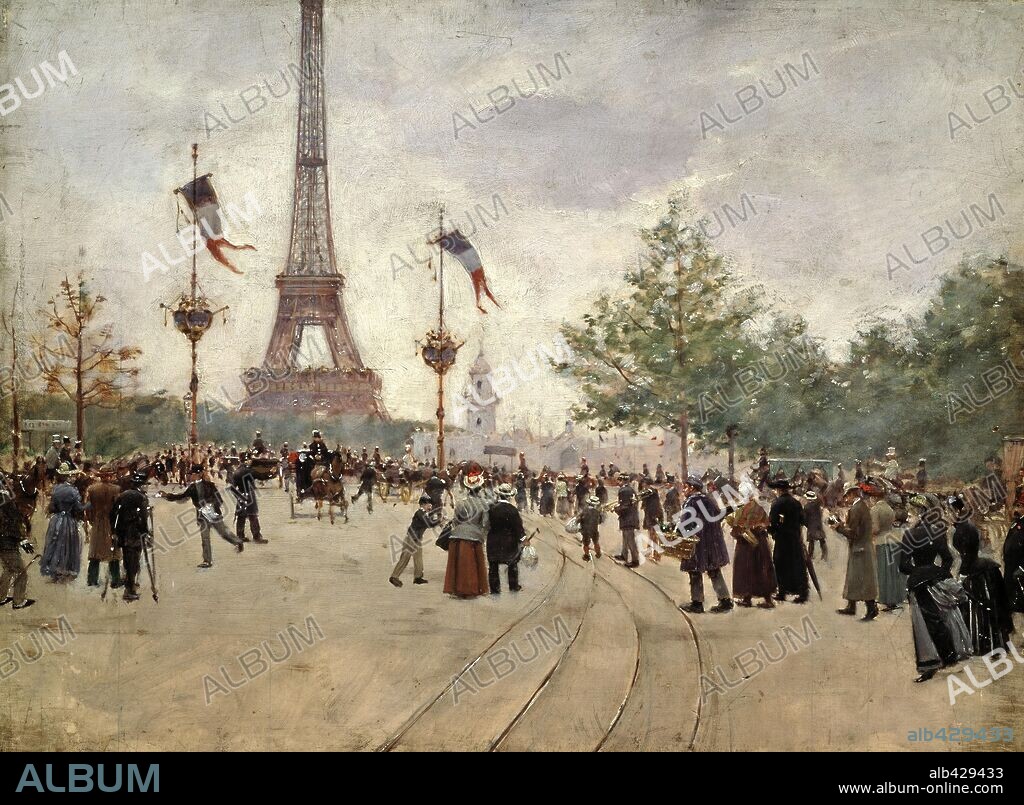 JEAN BERAUD. The entrance to the Universal Exhibition of 1889 Paris showing the Eiffel tower, oil on canvas.