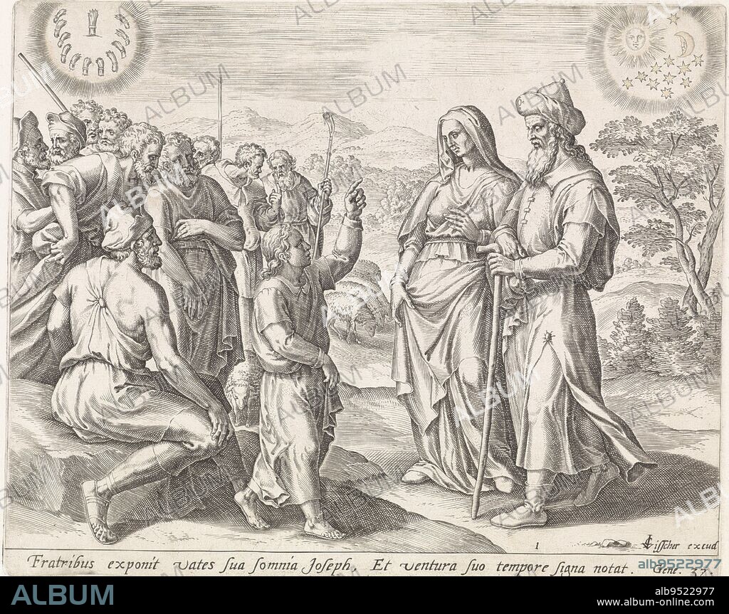 Joseph explaining his dreams to his parents and brothers. Top left the dream of the sheaves of wheat, in which the sheaves of wheat of his brothers bow to Joseph's sheaf of wheat. Top right the dream, in which the sun, man and eleven stars bow to Joseph. Below the scene a reference in Latin to the Bible text in Gen. 37, Joseph's Dreams History of Joseph Theatrum biblicum , print maker: Hans Collaert (I), (attributed to), Michiel Coxie (I), publisher: Claes Jansz. Visscher (II), (mentioned on object), Amsterdam, 1579 and/or 1596 - 1643, paper, engraving, h 214 mm × w 264 mm.