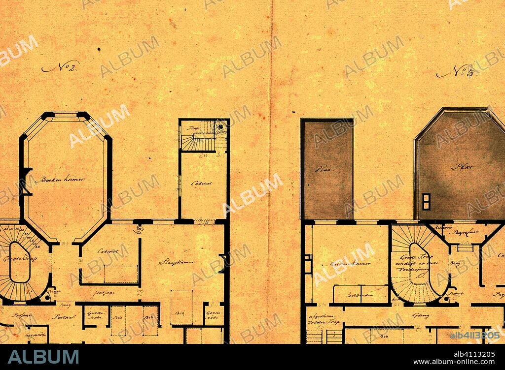 Architectural design drawing with floor plans of the third and fourth floor of Huis Kops in Haarlem. Draughtsman: Abraham van der Hart. Dating: 1790. Measurements: h 491 mm × w 702 mm.
